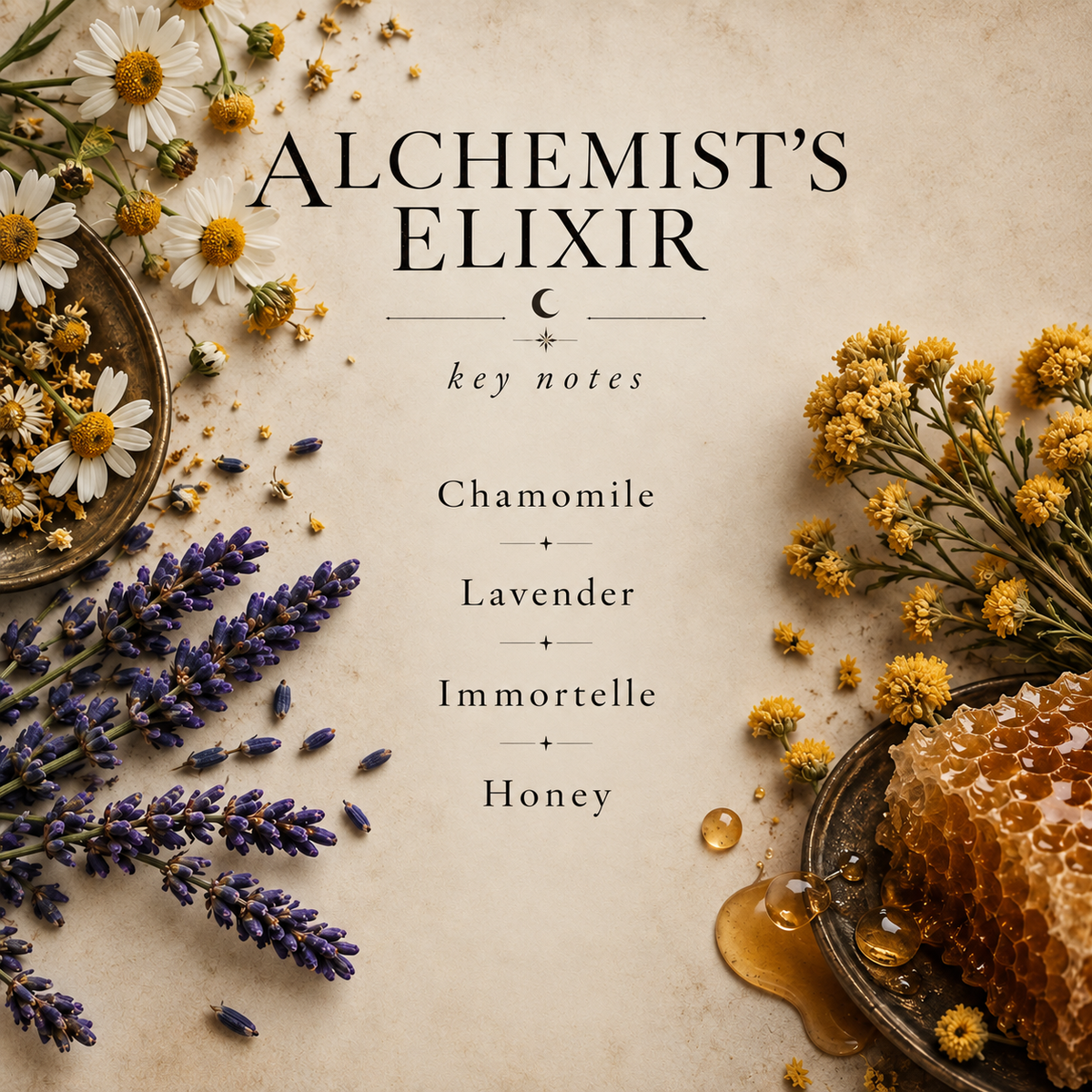 Alchemist's Elixir key notes: Chamomile, Lavender, Immortelle, Honey