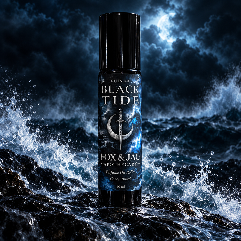 Black Tide oil roller, moonlit stormy sea, dagger and crescent moon label