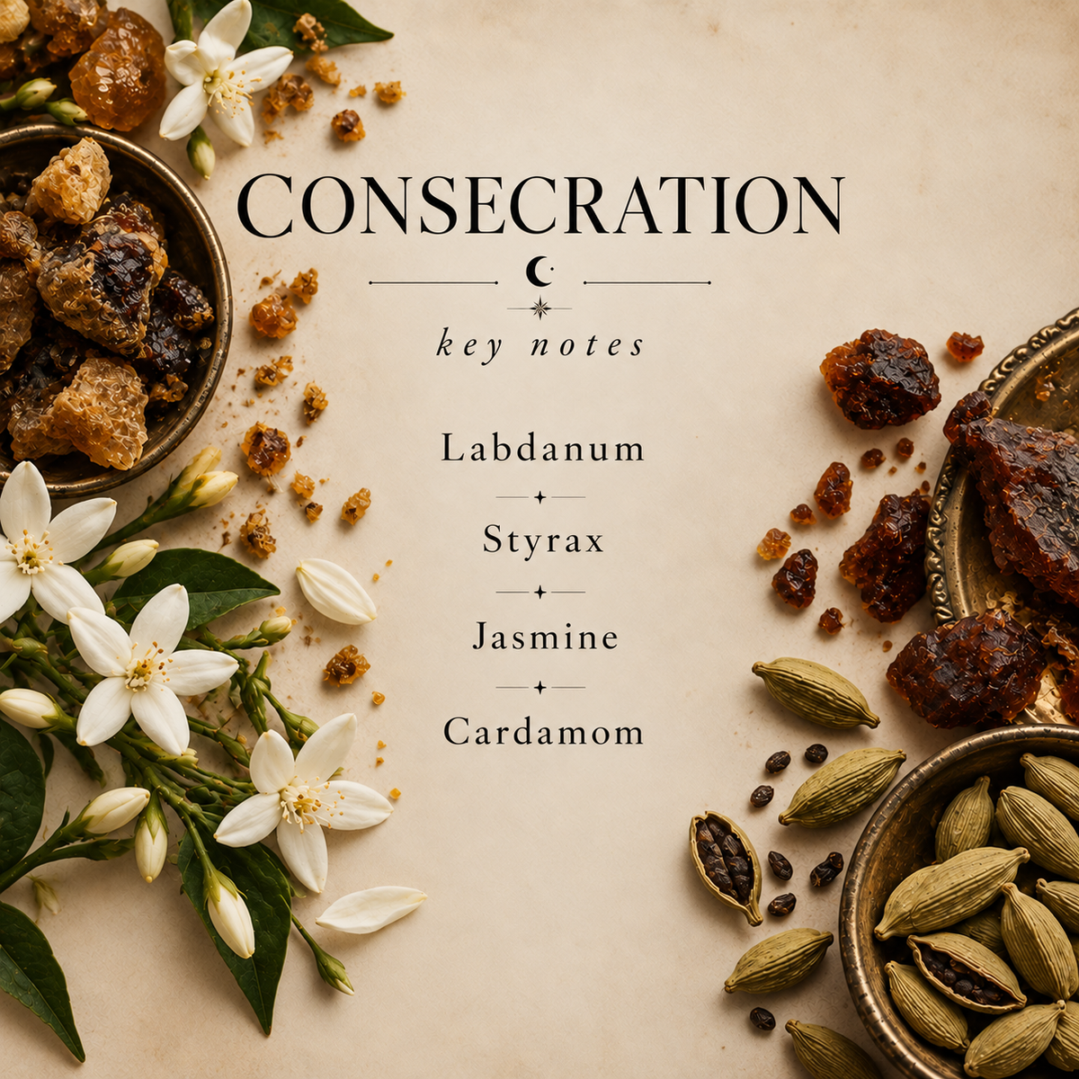 Consecration key notes: Labdanum, Styrax, Jasmine, Cardamom