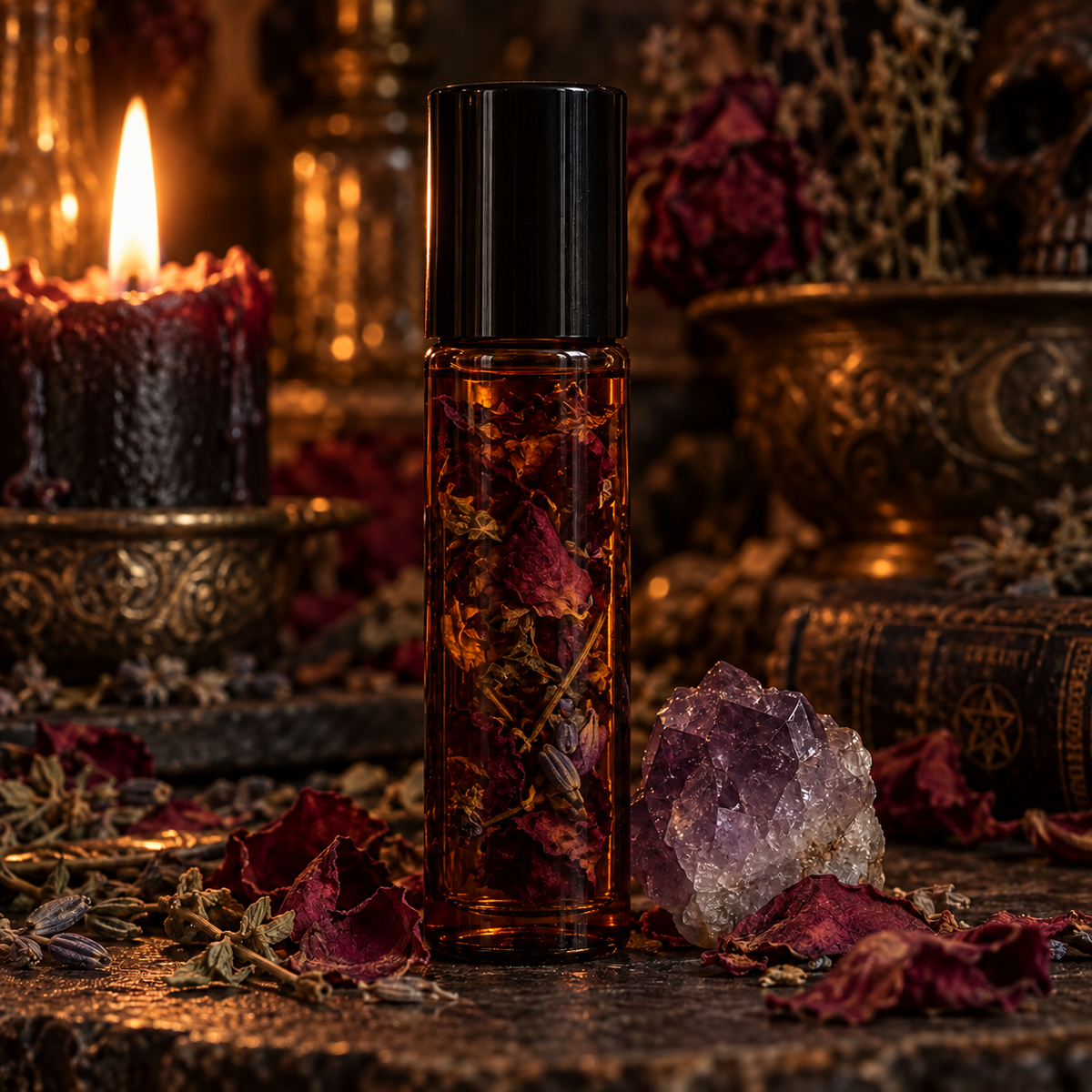 Custom Magic Oil - 5 mL amber roller bottle with steeped botanicals, amethyst crystal, and candlelight