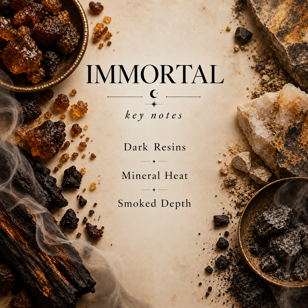 Immortal key notes: Dark Resins, Mineral Heat, Smoked Depth