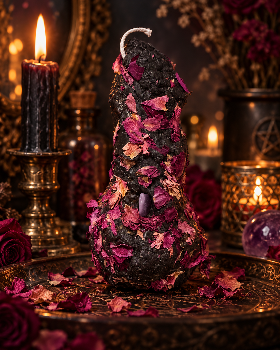 Love Spell Candle - lifestyle shot with roses and amethyst