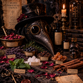 Miasma oil roller, skull bottle, plague-doctor apothecary still life