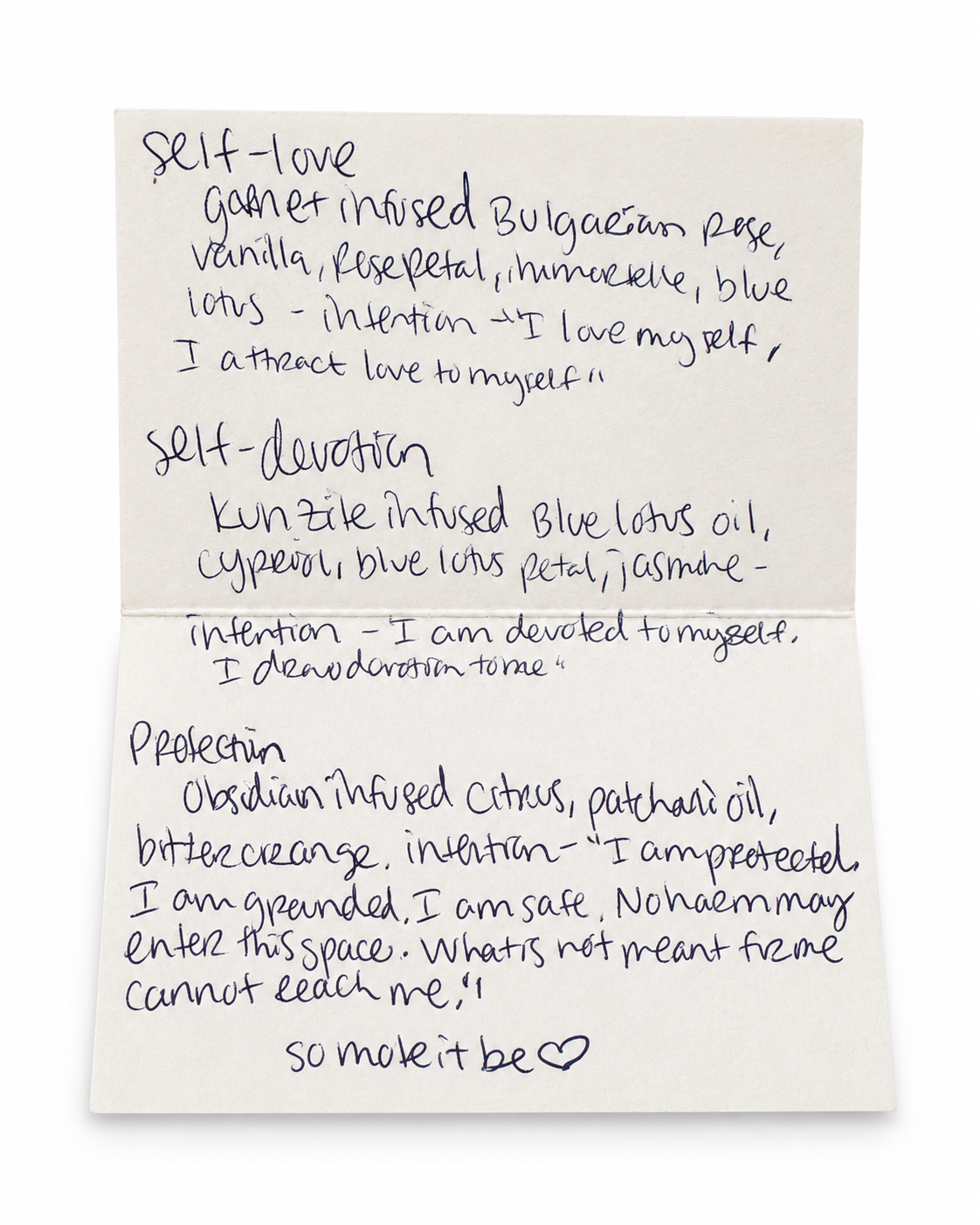 Mini Magick Spells - handwritten spell card with ingredients and intentions