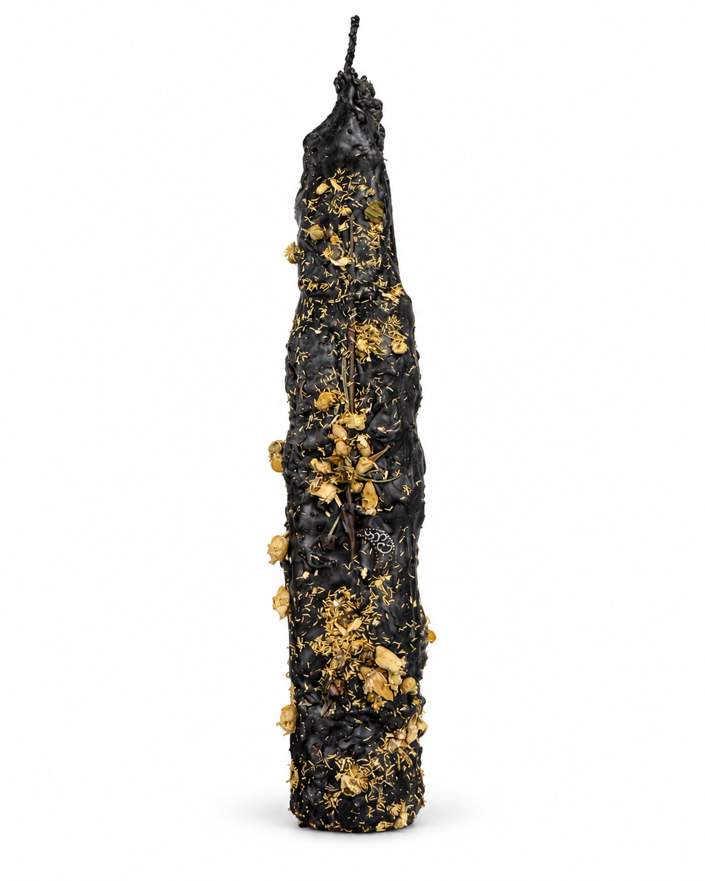 Protection Spell Candle - hand-dipped beeswax candle with pressed herbs, pentagram, and obsidian