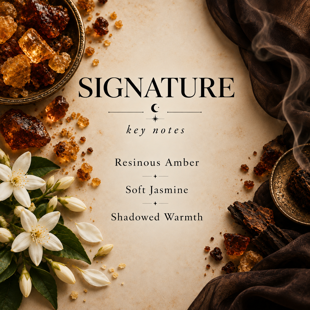 Signature key notes: Resinous Amber, Soft Jasmine, Shadowed Warmth