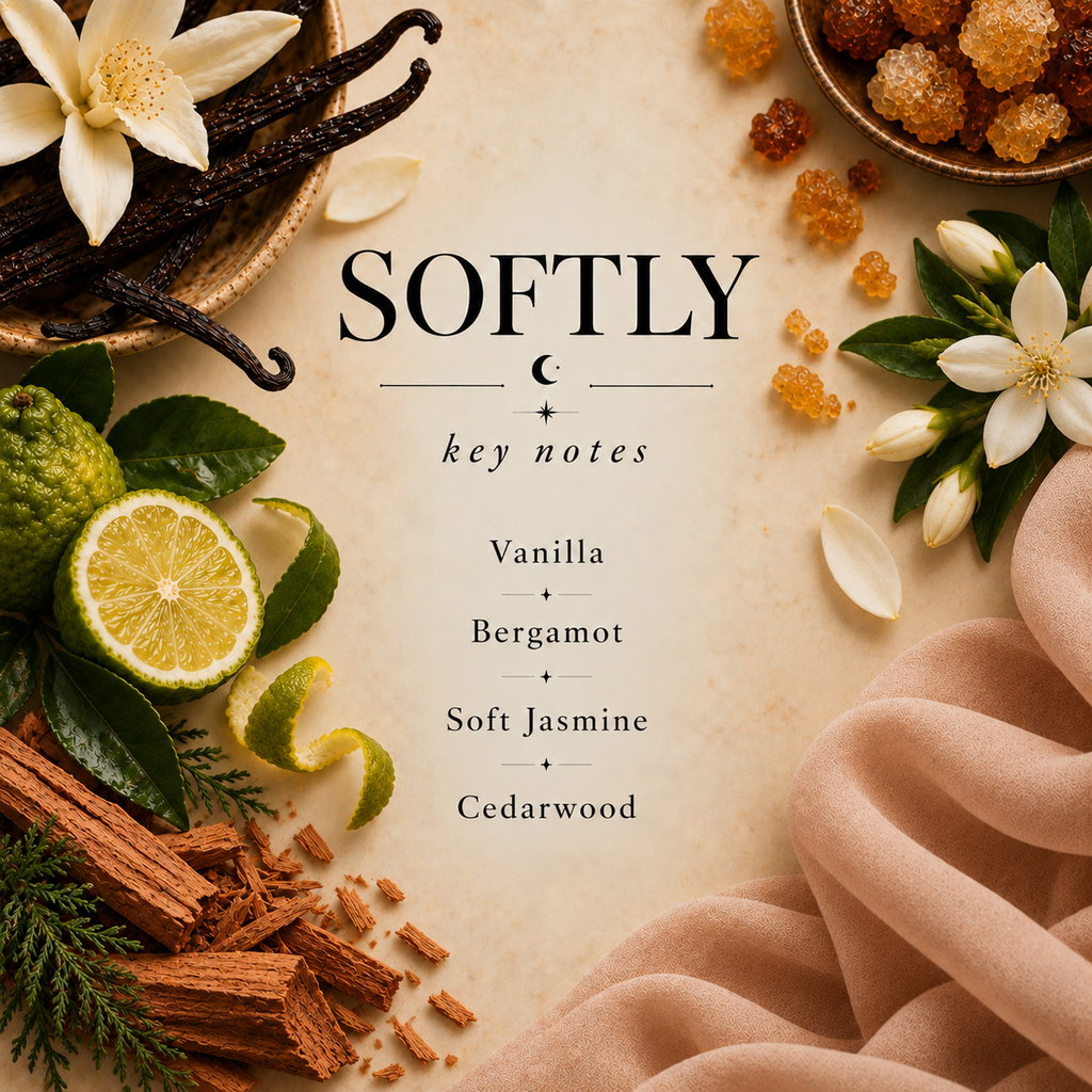Softly key notes: Vanilla, Bergamot, Soft Jasmine, Cedarwood