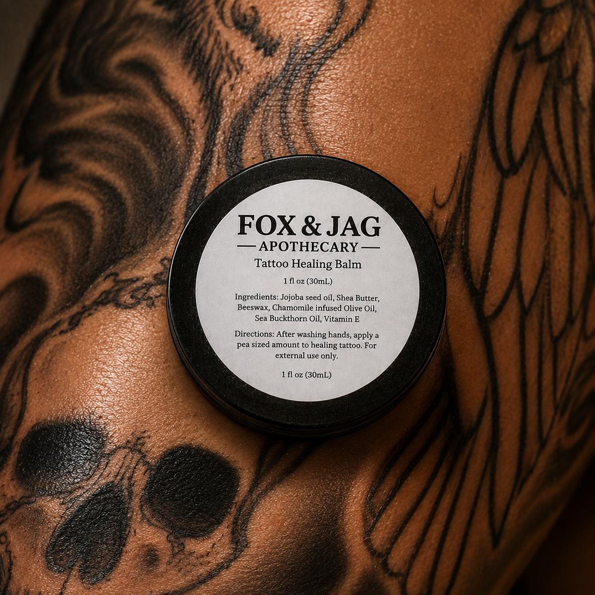 Tattoo Healing Balm by Fox & Jag Apothecary on tattooed skin