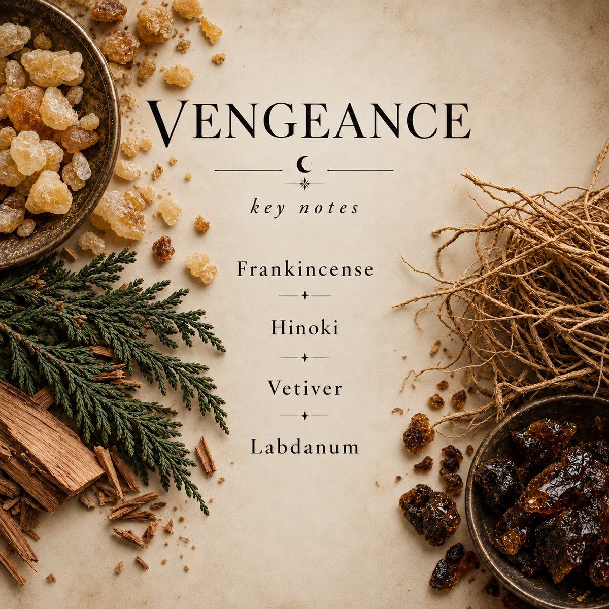 Vengeance key notes: Frankincense, Hinoki, Vetiver, Labdanum
